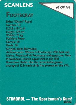 1988 Scanlens VFL #65 Brian Royal Back